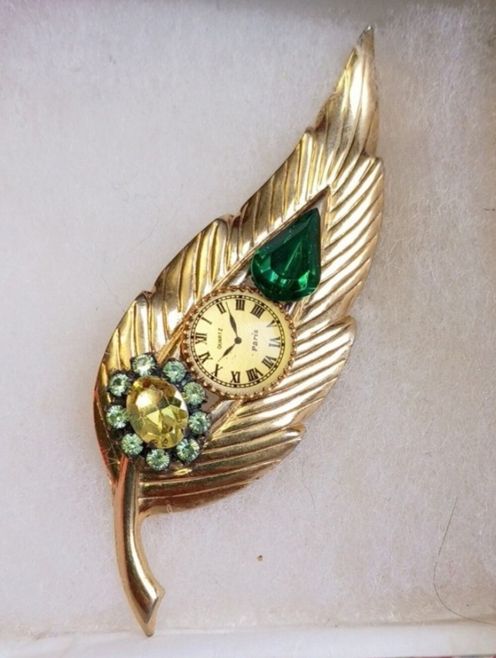 Vintage Gold Leaf Brooch Clock Face, Peridot & Emerald Stones